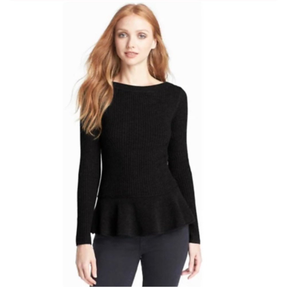 Tory Burch, Ramona Peplum Sweater, Women's Ladies Large, Black, 100% Merino Wool